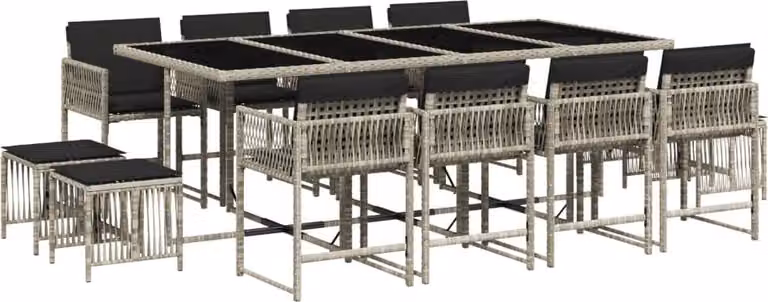 Set da Pranzo da Giardino 13pz con Cuscini Grigio in Polyrattan