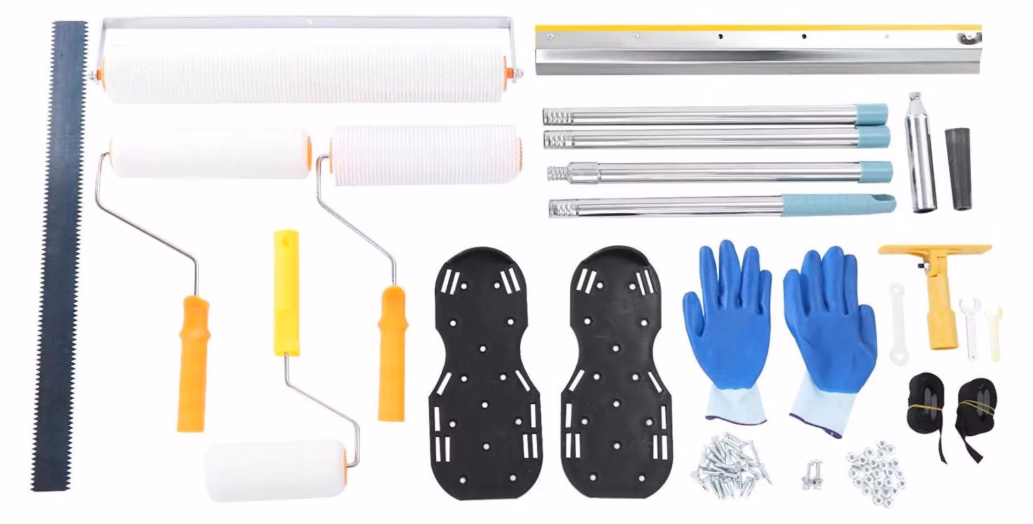 Kit per autolivellante a base di cemento - Set di strumenti per la livellatura del pavimento, con 2 rulli per la rimozione delle bolle d'aria (50,8/22,9 cm), scarpe con punte, spatola dentata (56 cm), guanti, multicolore