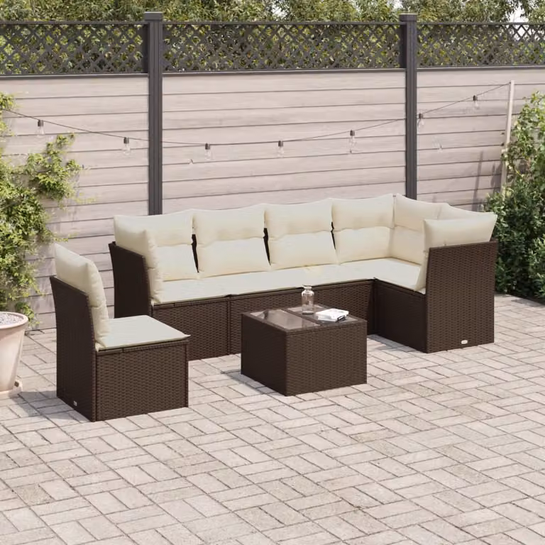 vidaXL Set Divani da Giardino 7 pz in Polyrattan Marrone con Cuscini e Tavolino da Caffè