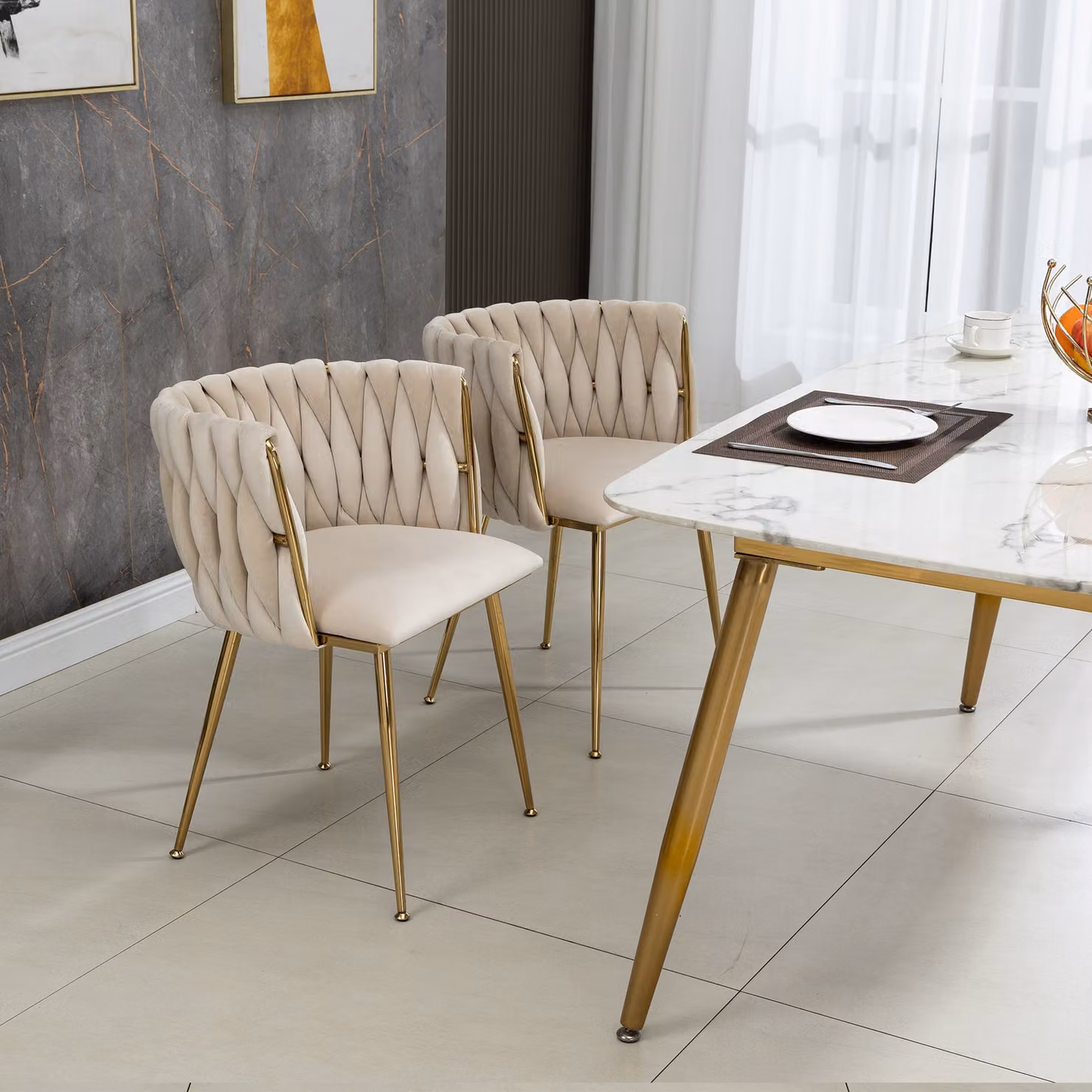 Set di 2 Poltrone da Pranzo in Velluto con Piedi in Metallo Aosom, Colore Avorio/Beige – 2