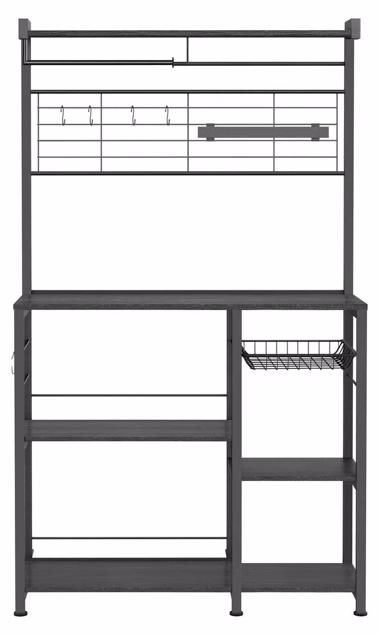 Ripiano per cucina con ganci, barra magnetica e cesto in filo metallico | Grigio antracite/nero | 90x42x167 cm