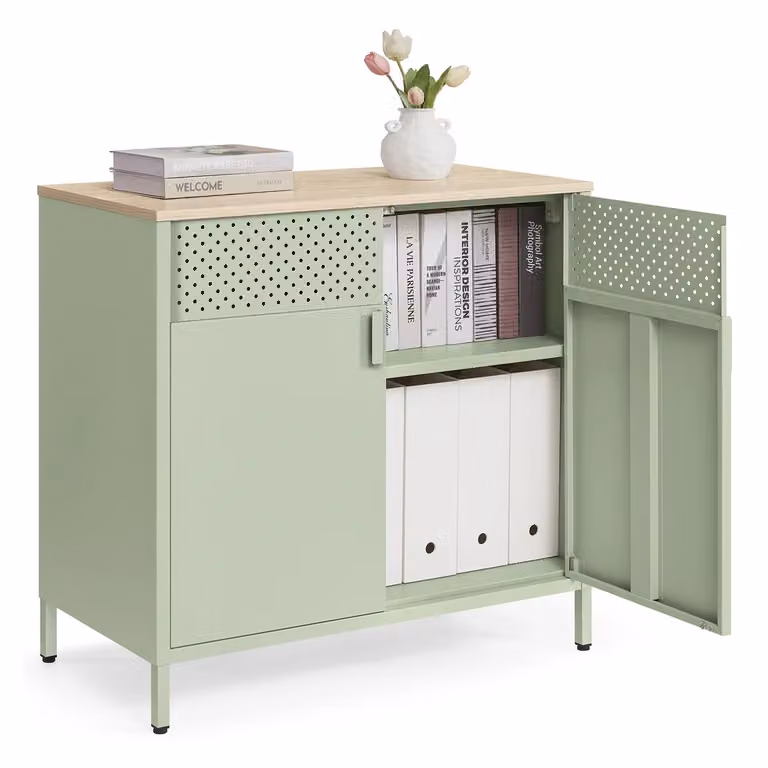 Credenza in Metallo con Ripiano Regolabile | SONGMICS, Verde Alloro + Rovere Naturale / 2 Ante