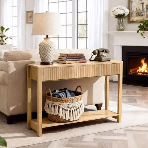 VEVOR Tavolino Console da Ingresso Rettangolare con Cassetti e Vano Portaoggetti in Legno Naturale, L/P/H: 120 x 30 x 80 cm
