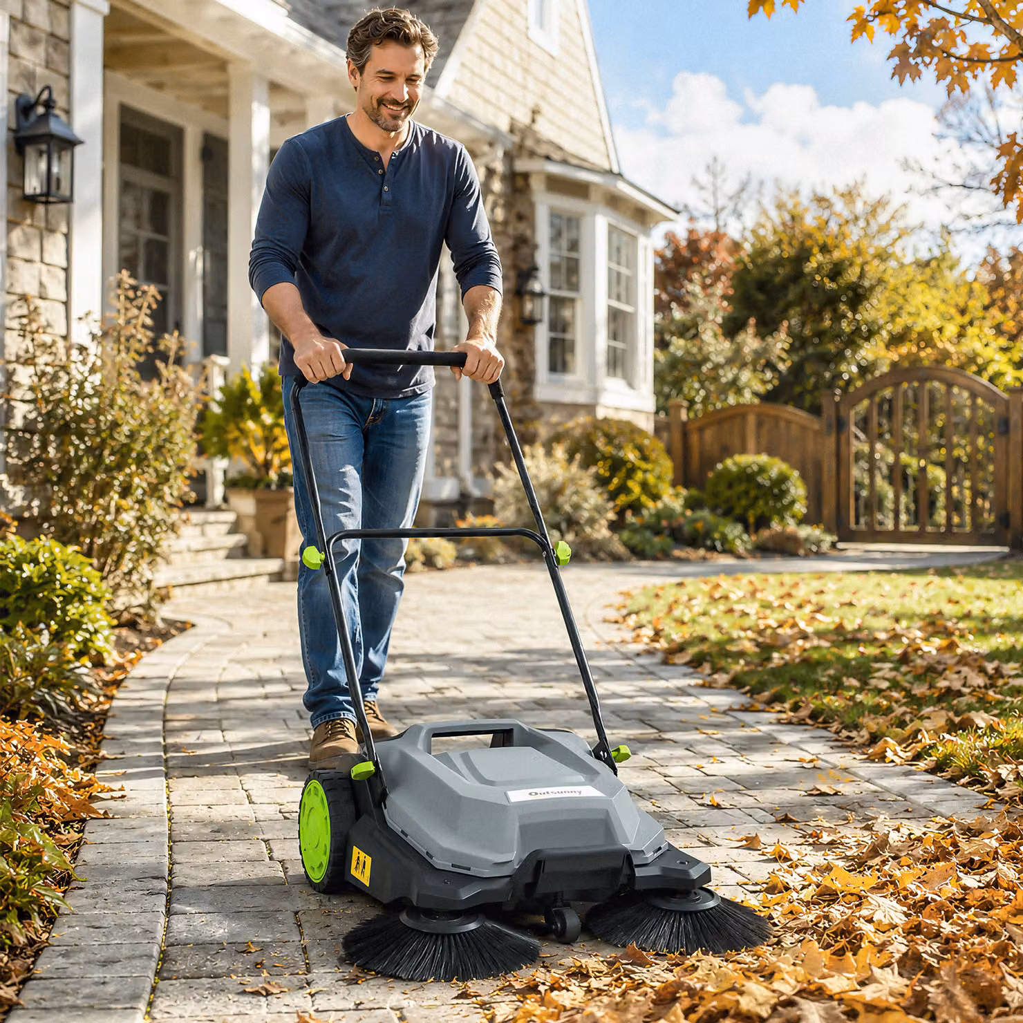 Spazzatrice manuale Outsunny grigia con contenitore da 24 L e manico regolabile, Altezza: 68 cm – 2