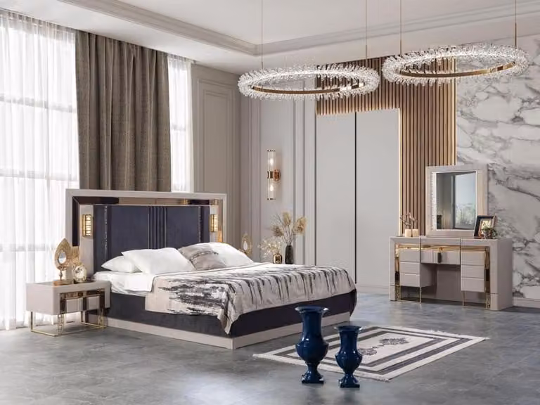 Schlafzimmer Set Designer Hochwertig Bett 2x Nachttische Schminktisch Hochwertig