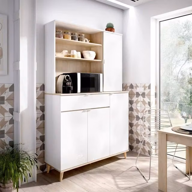 Credenza Aeris DMORA, Buffet dispensa moderna a 4 ante per soggiorno e sala da pranzo, L 120 cm, P 40 cm, H 191 cm, Bianco e Rovere