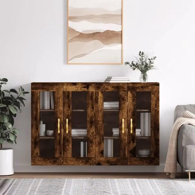 Set di 2 armadietti da parete vidaXL in legno e vetro con ante in vetro, colore rovere marrone opaco per bagno moderno