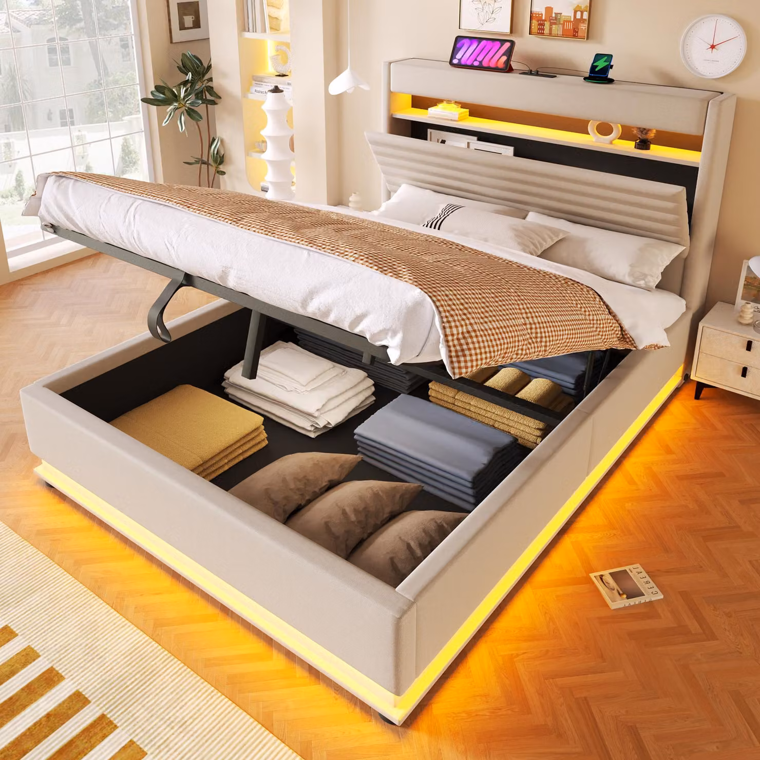 Letto imbottito 140x200 cm con sistema di sollevamento idraulico per lo stoccaggio, illuminazione LED, funzione di ricarica USB e di tipo C, testiera imbottita, tessuto in lino, colore beige