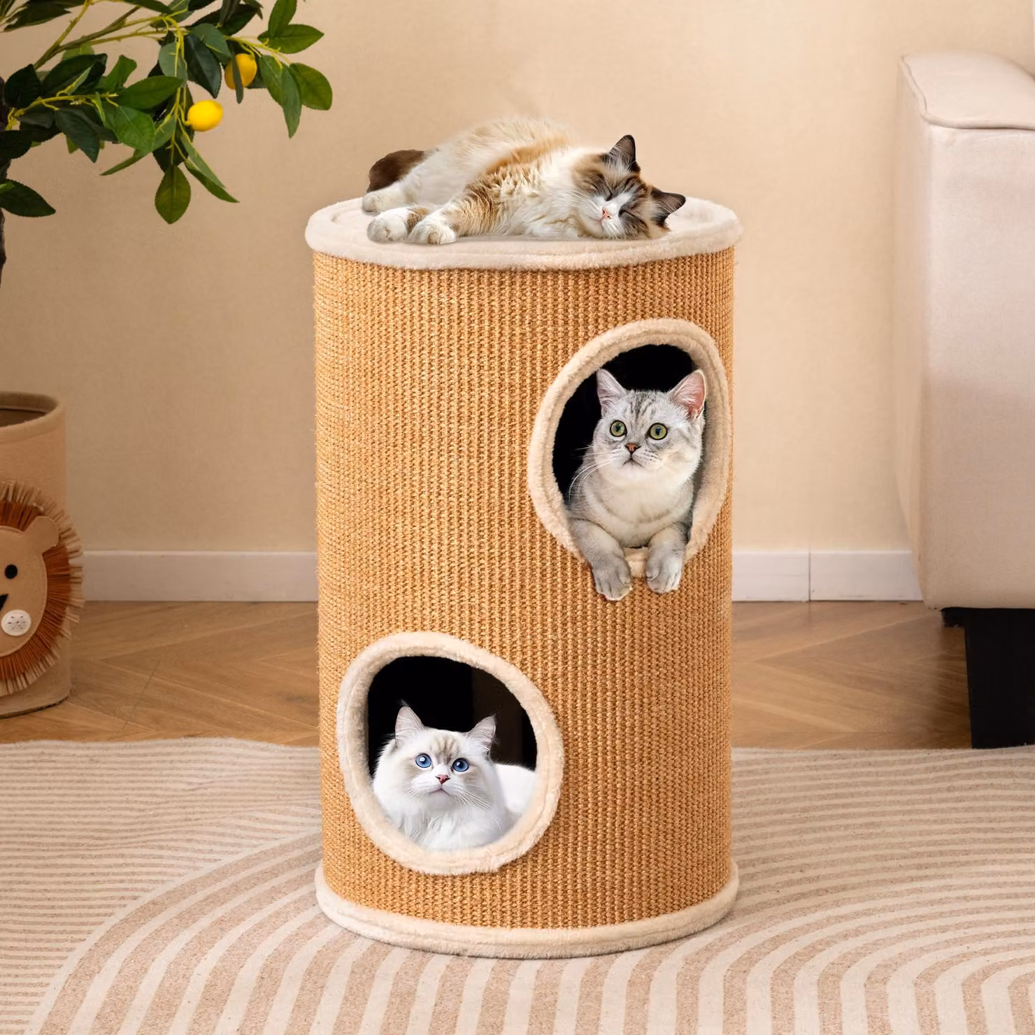 Fusto tiragraffi COSTWAY, Ø 36 cm, altezza 59,5 cm, fusto per gatti a 4 livelli con tiragraffi in sisal, 3 grotte per gatti, letto in peluche e bordo in peluche, per gatti fino a 15 kg