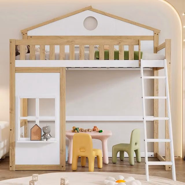 Letto a castello con cabina 90x200 cm - Xylo - Scala, protezione anti-caduta, barriere, Bianco+Naturale