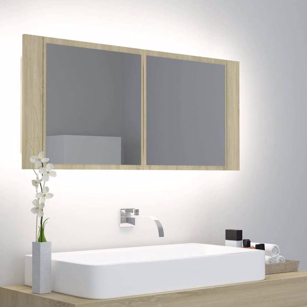 Armadietto a specchio con luci LED vidaXL in Rovere, moderno e da appendere al muro per bagno