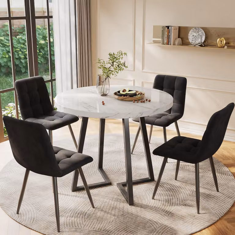 Set da pranzo Fortuna Lai (5 pezzi), set da pranzo moderno con 4 sedie, set da pranzo da cucina, tavolo da cucina rotondo con diametro di 80 cm e gambe in metallo nero, piano in MDF bianco, sedie in velluto nero