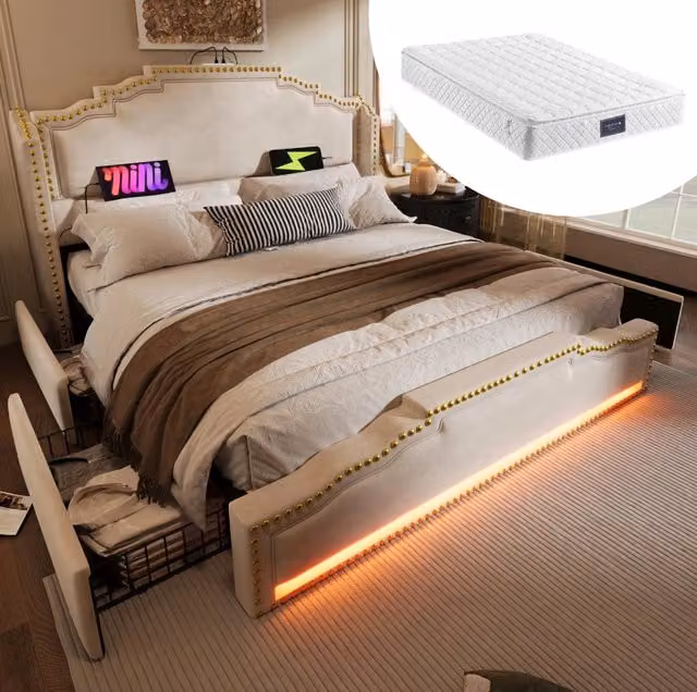 Letto 140x200 cm con materasso, 4 cassetti, LED e USB-C in velluto beige