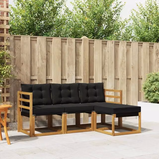 Set di divani da esterno a L vidaXL in legno di acacia e textilene, colore marrone e nero, composto da 4 pezzi con cuscini inclusi
