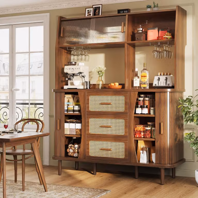 MODFU: mobile da cucina con effetto rattan e ante scorrevoli in vetro, mobile alto con ripiani aperti, mobile multiuso, credenza con cassetti, mobile contenitore, noce