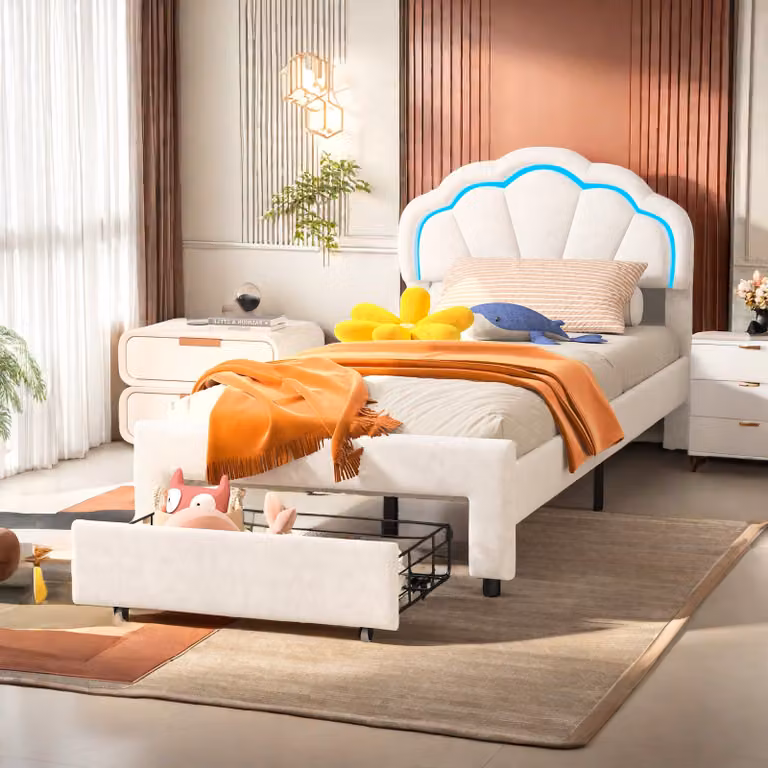 ProximaX Letto imbottito in velluto bianco 90x200cm con 1 cassetto, letto matrimoniale e rete a doghe, letto classico in legno con contenitore
