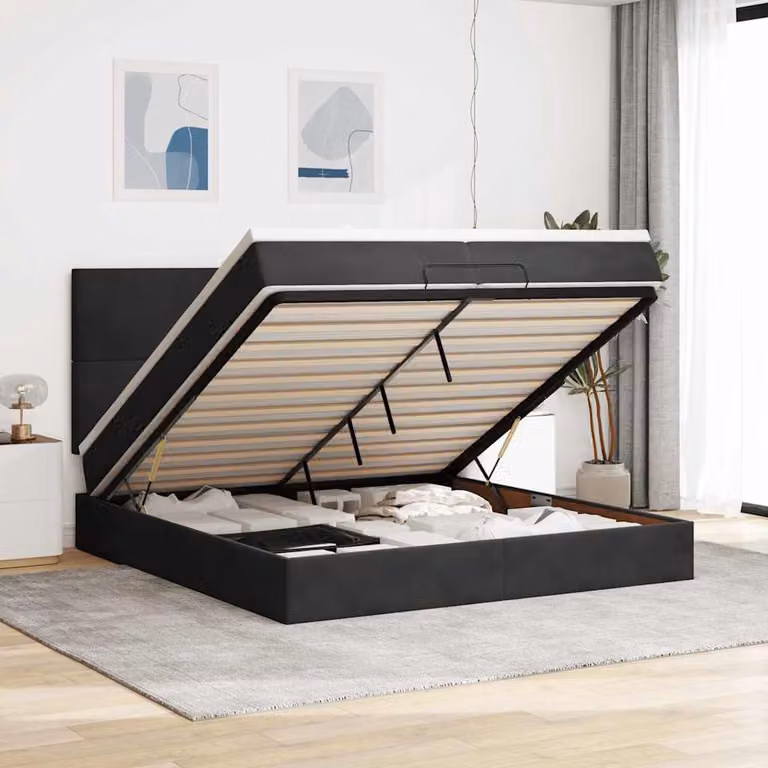 vidaXL Struttura Letto Pouf con Materassi Nero 200x200 cm Velluto