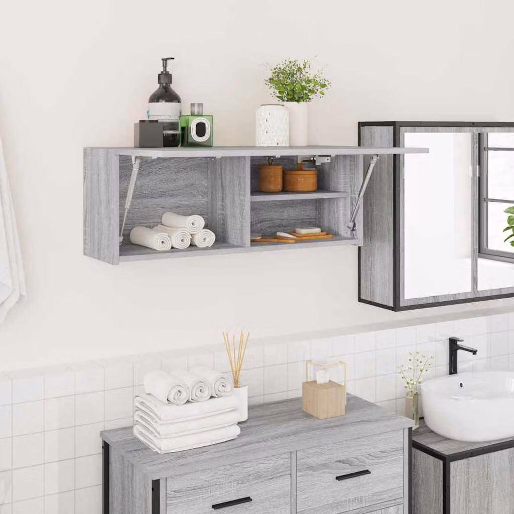 Mobile da bagno vidaXL in legno multistrato e MDF, colore grigio, design minimalista con ante a cerniera e ripiani interni, L 80 x P 25 x H 30 cm