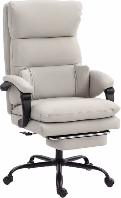 Sedia da ufficio executive con schienale alto, poggiapiedi, braccioli e supporto lombare in similpelle grigio chiaro