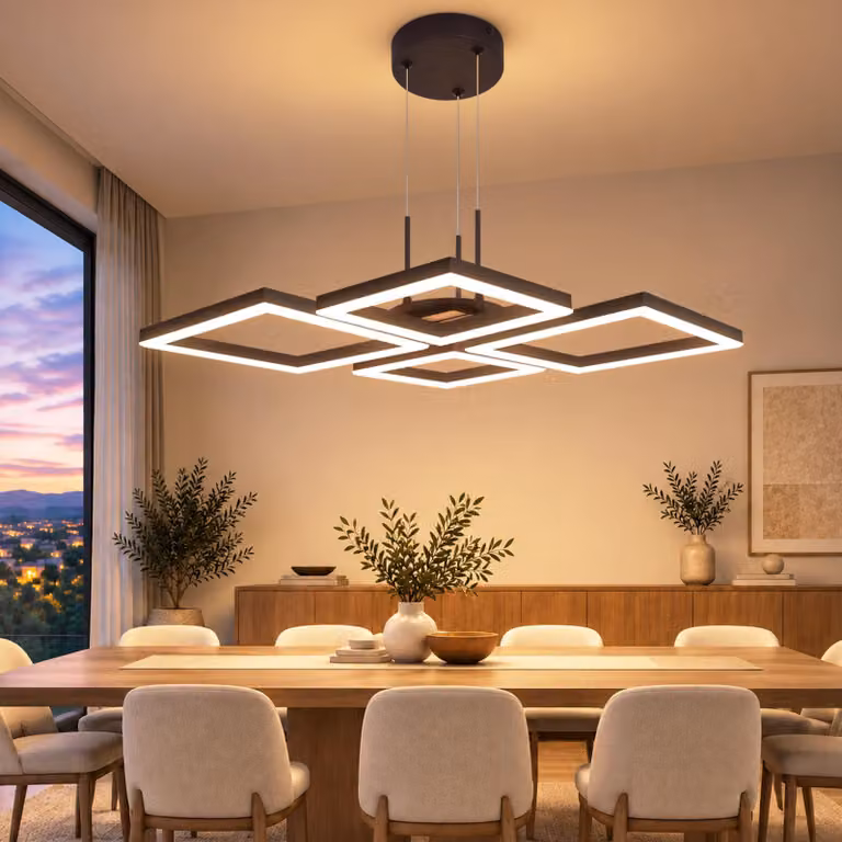 Lampada a sospensione ZMH, ideale per la sala da pranzo, con luci LED, design a 4 luci, finitura nera effetto legno. Lampada a sospensione da 32W, temperatura di colore 3000K, con altezza regolabile, perfetta per illuminare la tavola della cucina
