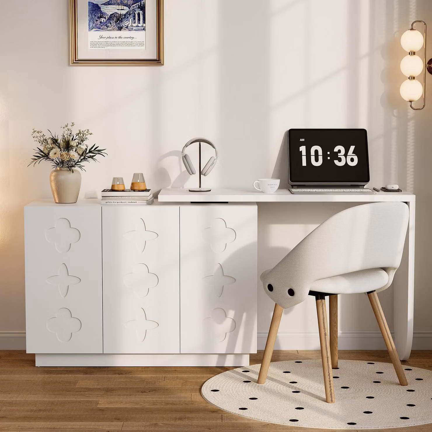 Scrivania Fortuna Lai, scrivania angolare a forma di L girevole, ideale per l'ufficio o come toeletta, colore bianco, 110 cm