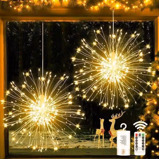 Set di luci natalizie "Fuoco d'artificio", 2 pezzi - 180 LED - 8 modalità - Dimmerabile - Alimentazione a batteria - Impermeabile, adatto per interni ed esterni