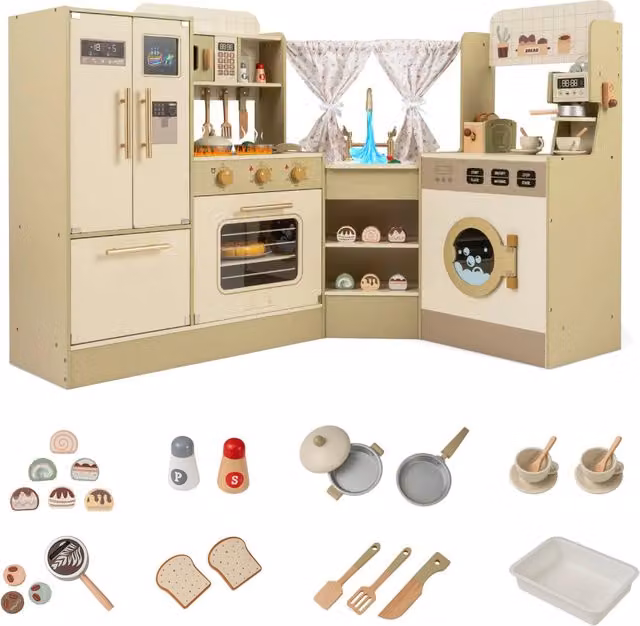 Angolo giochi cucina per bambini in legno con rubinetto e fornelli realistici, Set cucinetta giocattolo con accessori verde e beige, L/P/H: 85.5 x 23.0 x 90.85 cm
