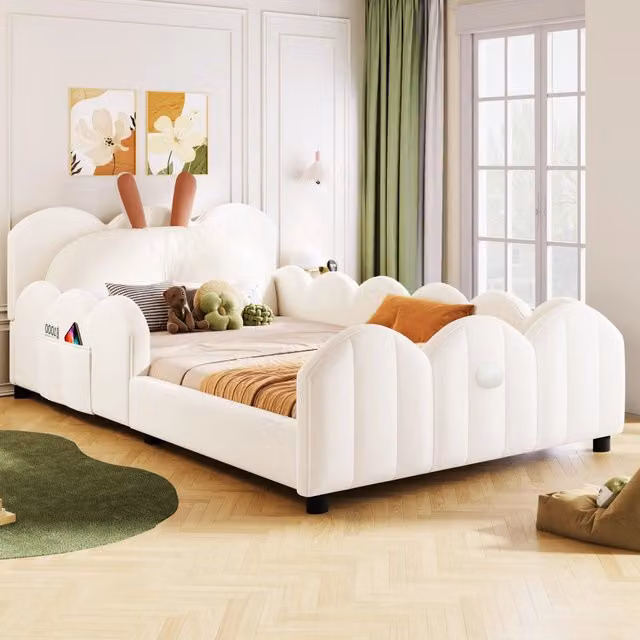 Letto a piattaforma imbottito 90 x 200 cm con cuscino a forma di coniglio - Beige
