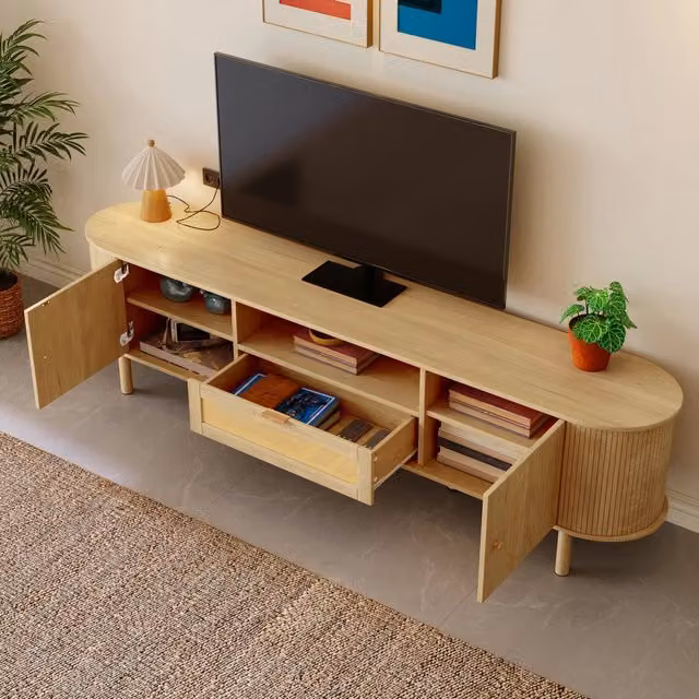Mobile TV REDOM con cassetto in rattan e MDF, colore beige, L: 175 cm, P: 36 cm, H: 51 cm