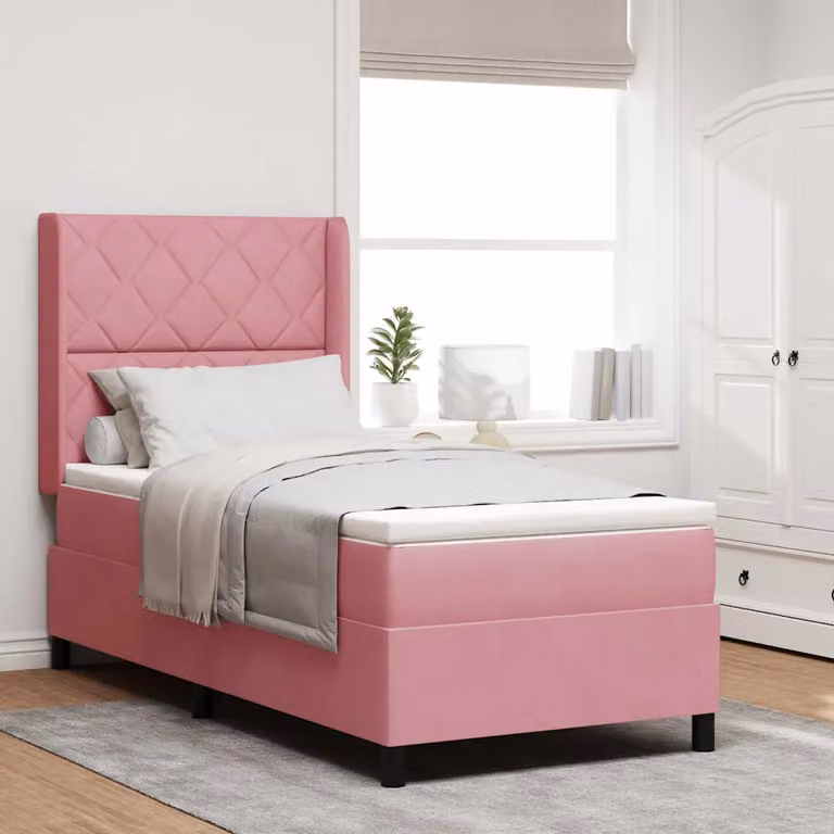 Letto a molle con testiera vidaXL in velluto rosa, L/P/H: 90 x 200 x 128 cm