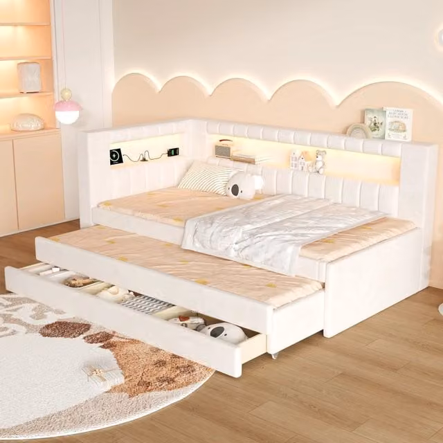 Letto da giorno imbottito bianco con LED, porta USB, letto estraibile e tre cassetti L/P/H: 208.5 x 90 x 102.5 cm