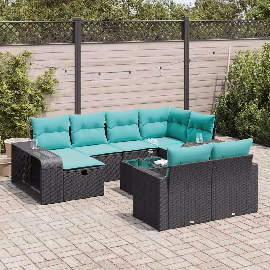 Set Divani da Giardino vidaXL 11 pz a Forma a U con Cuscini e Tavolino, Polyrattan Nero e Blu Turchese