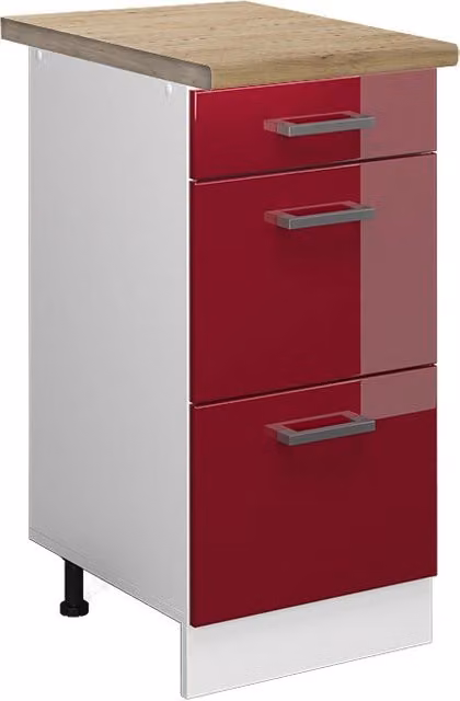 Mobiletto base per cucina R-Line Rosso lucido/Bianco 40 cm con cassetti, PL Rovere Vicco