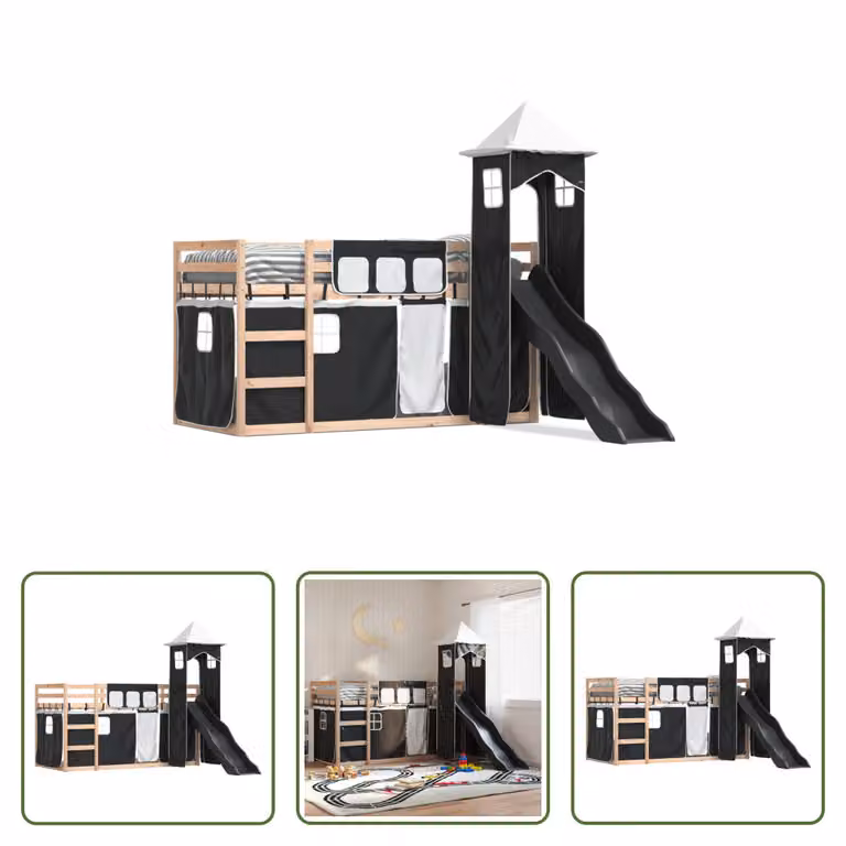 The Living Store Letto a castello con scivolo e tende bianco e nero 80x200 cm