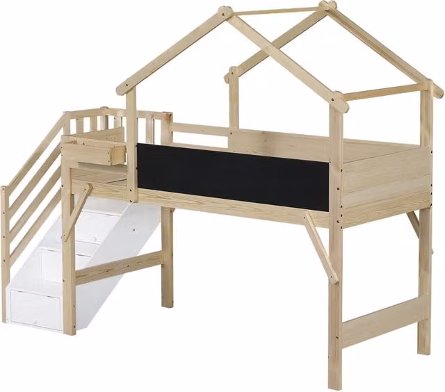 Letto a castello per bambini con tetto unico, protezioni e scala con contenitori, 90x200 cm, bianco e legno naturale