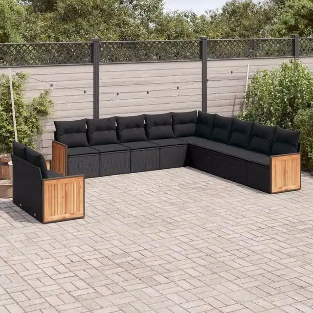 Set di Divani da Giardino a Forma di U vidaXL in Polyrattan Nero con 11 Pezzi e Cuscini Imbottiti