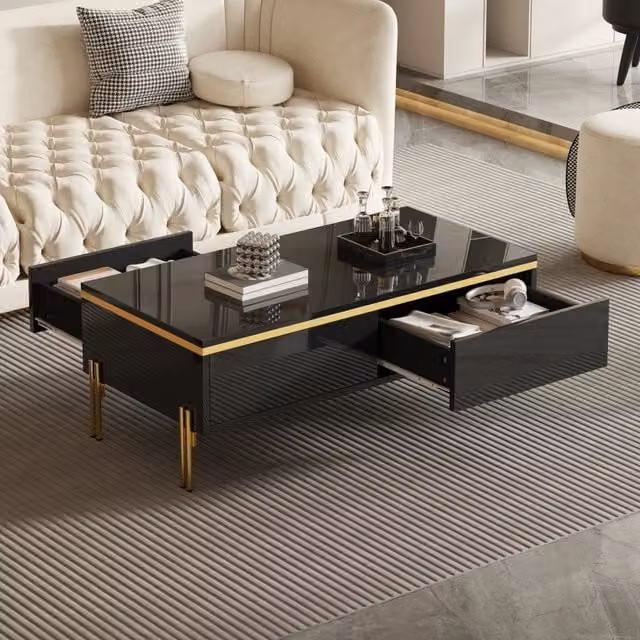 Tavolino basso fisso con cassetti bilaterali in pannello di particelle nero lucido e gambe in metallo 100 × 50 × 36 cm