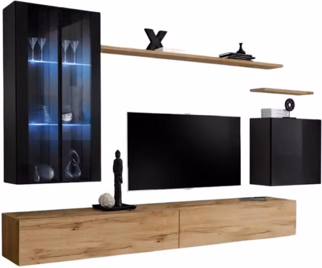 Composizione murale SWITCH XII – Mobili TV, vetrine LED, cubo e scaffali – Rovere Wotan e nero lucido – Design moderno
