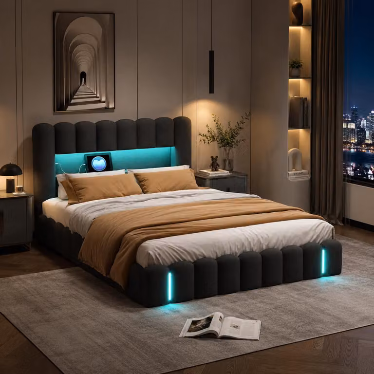 Letto imbottito INONEFT modello Bubble, 160x200 cm, con spazio contenitore ad apertura idraulica, letto matrimoniale con illuminazione LED e prese USB, senza materasso, in lino, colore grigio