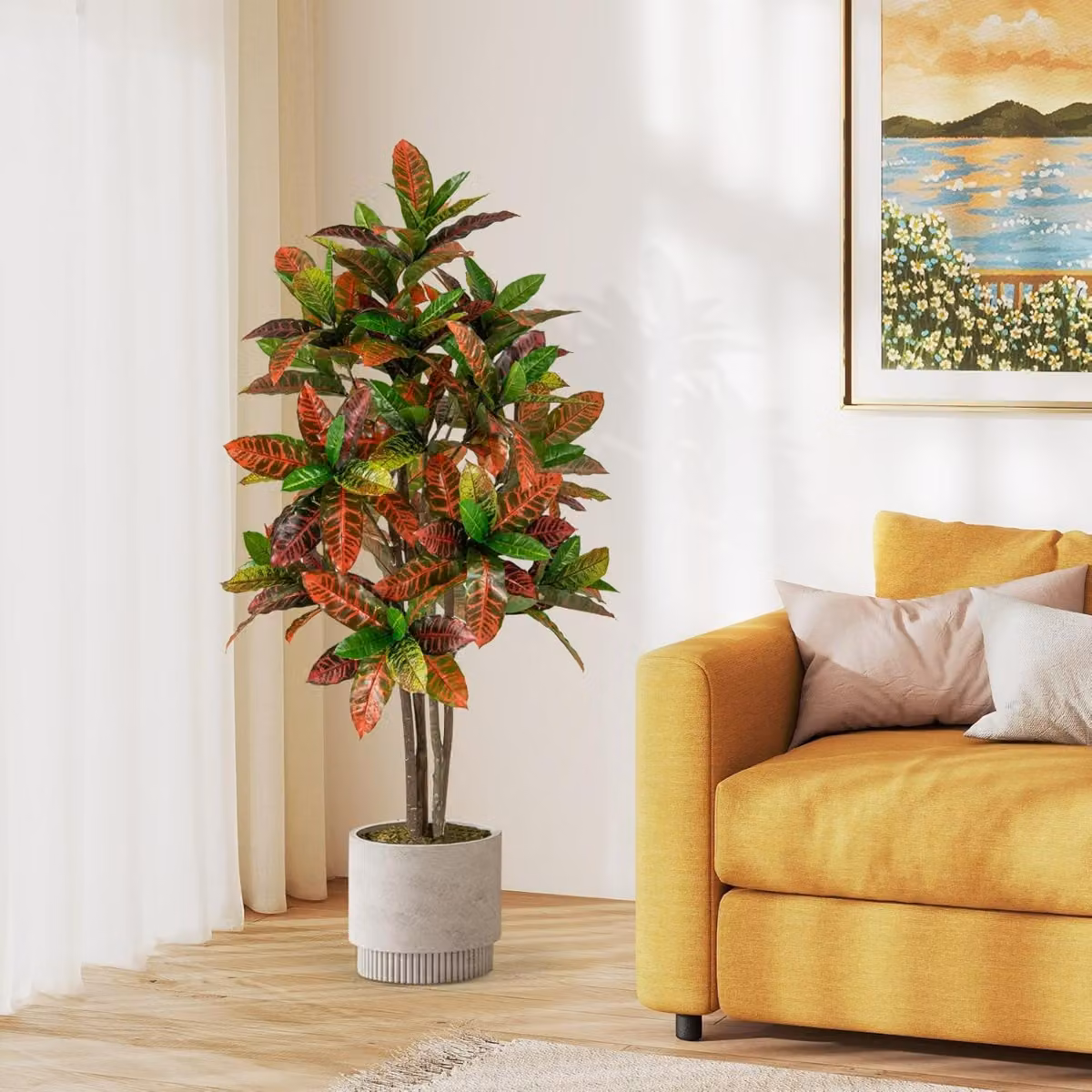 Pianta artificiale tropicale Croton Costway multicolore con vaso, Altezza: 150 cm