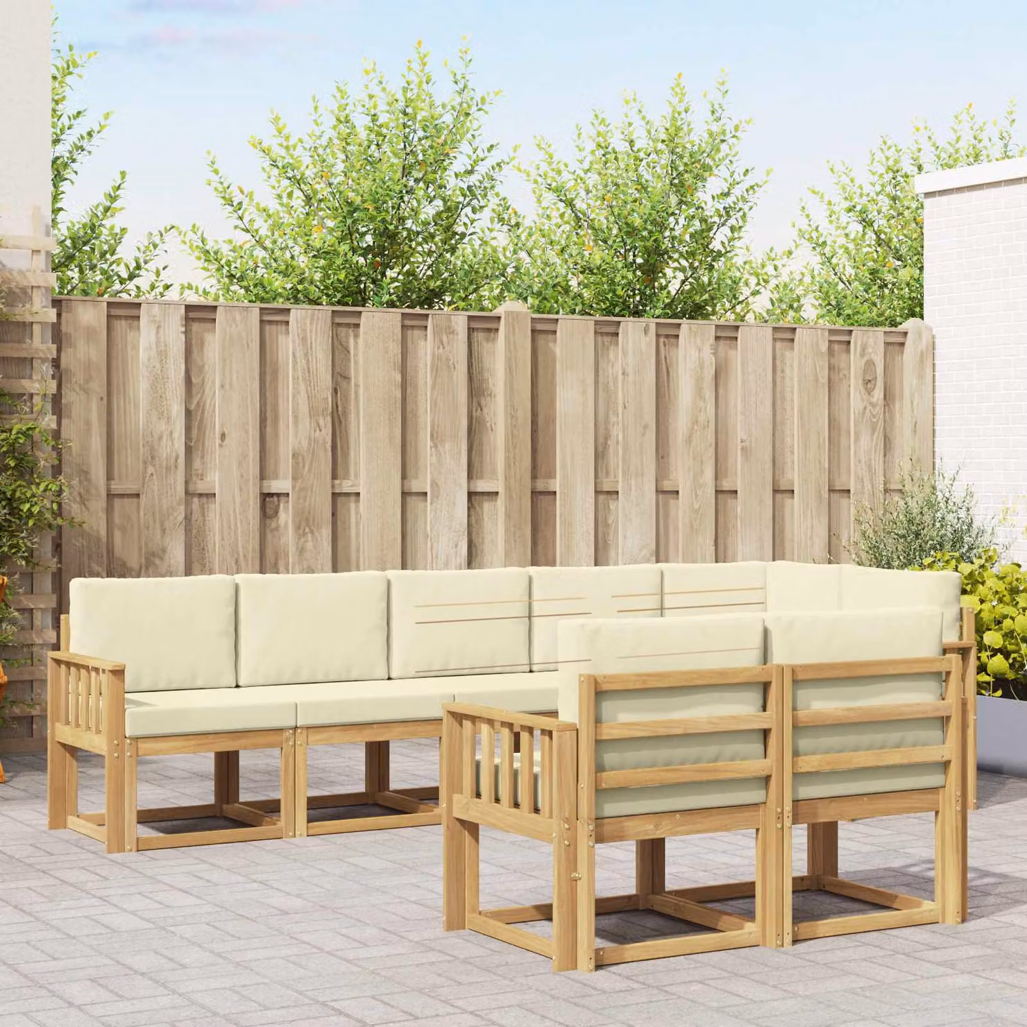 Set di divani da esterno vidaXL 8 pz a forma di L in legno di acacia con cuscini bianchi e beige in poliestere resistente ai raggi UV