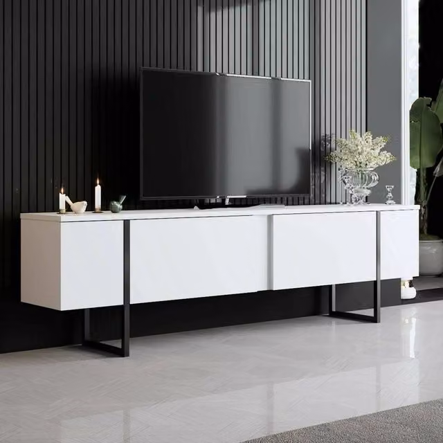 Abishia Mobile Porta TV Moderno con Cassetti, Bianco e Nero, L: 180 cm, P: 30 cm, H: 50 cm – 1