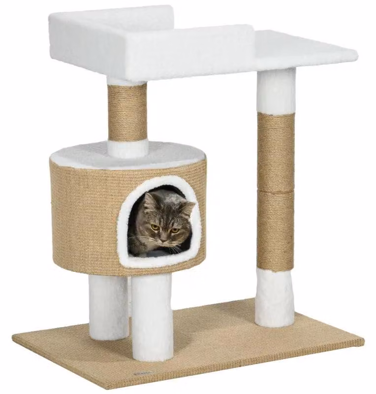 Albero per gatti con casetta e tiragraffi | Colore: Marrone e bianco | Dimensioni: 49x70x79 cm