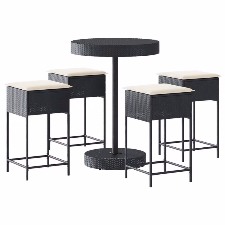 Set Bar da Giardino 5 pz con Cuscini in Polyrattan Nero