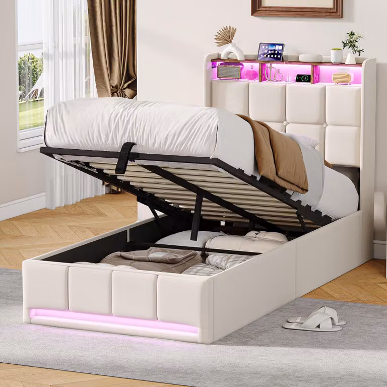 Letto imbottito 90x200 cm con vano contenitore idraulico, illuminazione a LED e ricarica USB/Type-C, lino beige