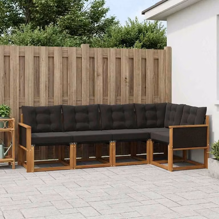 Set di divani da esterno a L vidaXL in legno di acacia con cuscini, colore marrone e nero