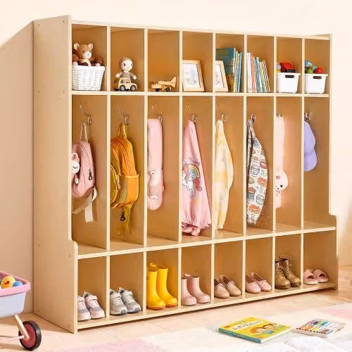 Armadietto Aperto VEVOR per Bambini con 8 Scomparti, Porta Cappotti e Scarpe in Legno per Asilo, Scuola e Camerette, Disponibile in Marrone o Bianco, L/P/H: 118.7 x 35.5 x 137.0 cm