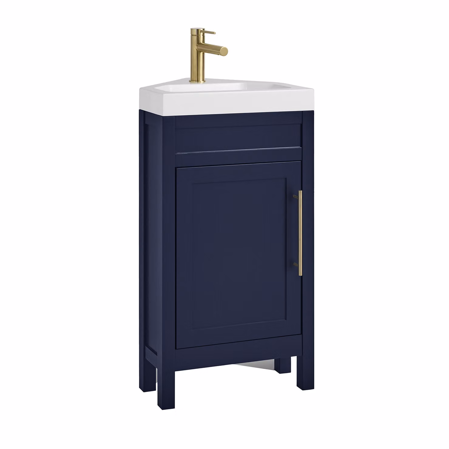 Mobile Bagno Angolare Blu Marino da 450mm con Lavabo e Maniglia Moderna con Barra a T in Oro Satinato - Warwick
