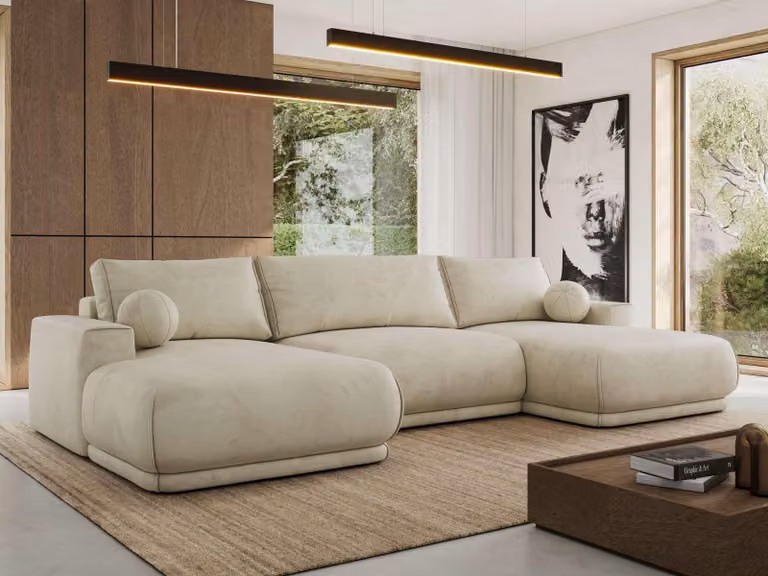 MKS MEBLE Divano ad angolo XXL RINA, divano componibile a forma di U con funzione letto e molle ondulate, funzione letto a scomparsa - Velluto beige
