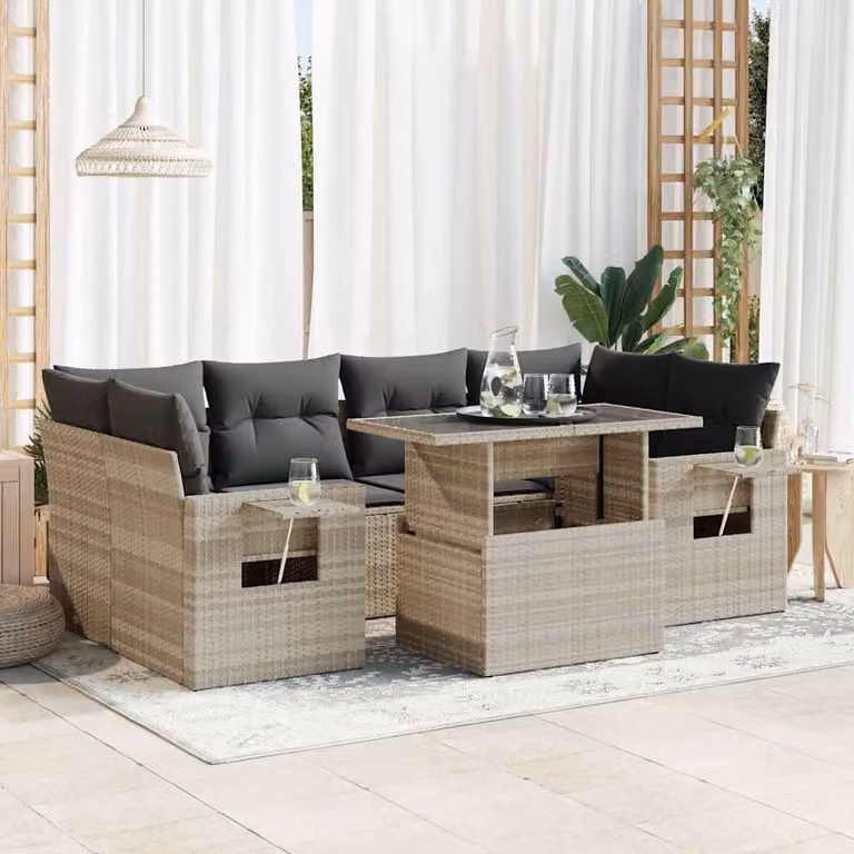 Set di divani da giardino vidaXL in polyrattan con 7 pezzi e cuscini grigio chiaro